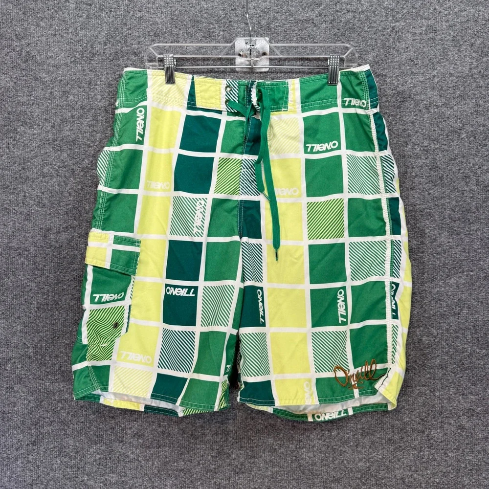 ONeill Board Shorts Men 34 Green Checkered Surf Swim Trunks Y2K Logo Lightweight